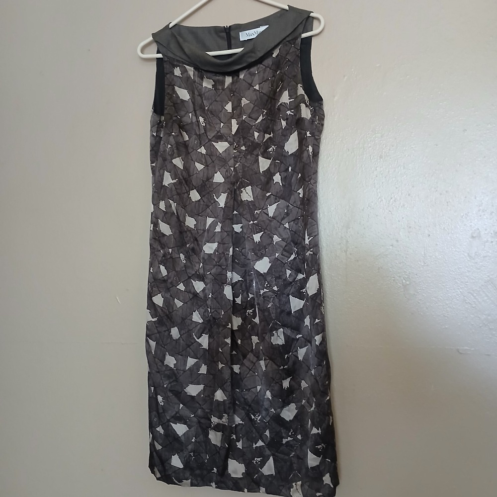 Max Mara Dress Womens 6 Grey Geometric Silk Shift Sheath Office Designer Luxury